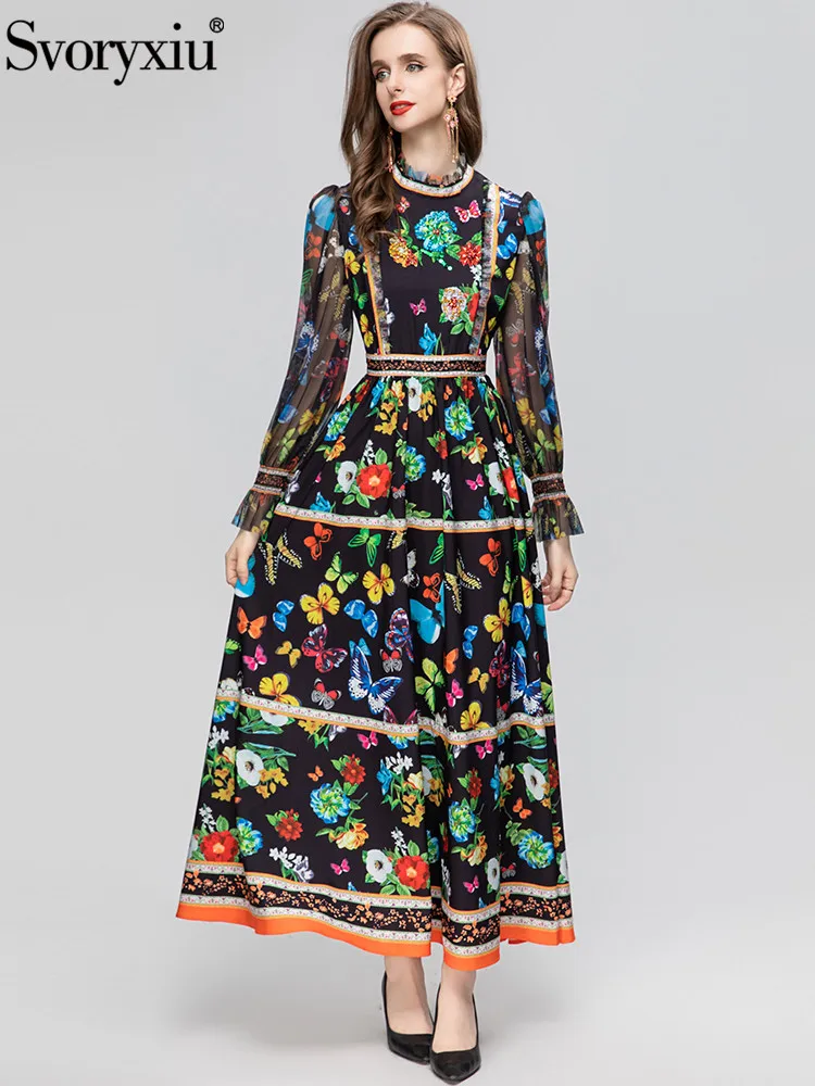 

Svoryxiu Fashion Spring Summer Vintage Net Yarn Big Swing Dress Women's Lantern Sleeve Butterfly Embroidery High Waist Dress