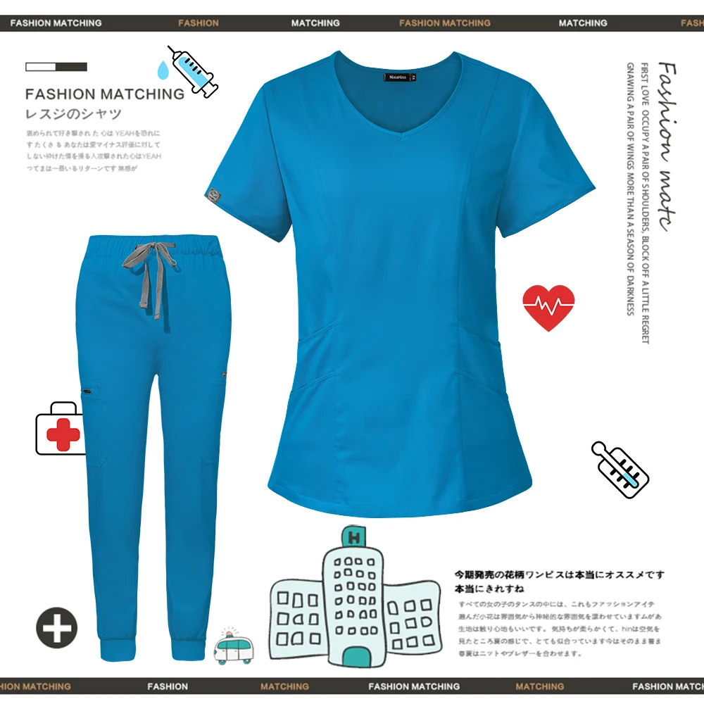 Unisex V-neck Nursing Scrubs Uniforms Laboratory Clothing Jogger