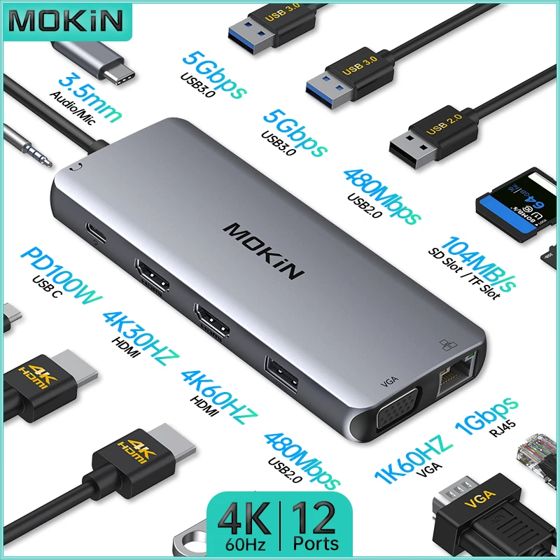 

MOKiN 12 in 1 Docking Station for MacBook Air/Pro, iPad, Thunderbolt Laptop - USB2.0, USB3.0, HDMI 4K60Hz, PD 100W, RJ45 1Gbps