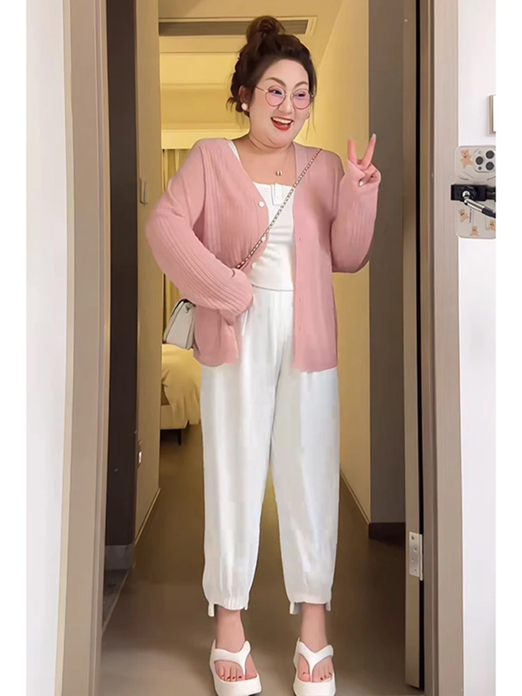 여름 다용도 얇은 아이스 실크 니트 오픈 가디건 여성 플러스 사이즈 슬리밍 자외선 차단 에어컨 탑