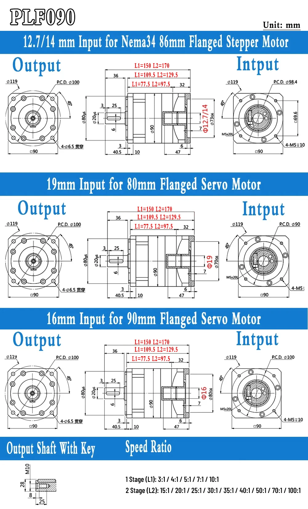 유성 기어박스 7 Arcmin 80/90mm 플랜지 750W 서보 모터 스퍼 기어 감속기 12.7/14/16/19mm 입력 속도 비율 3:1-100:1