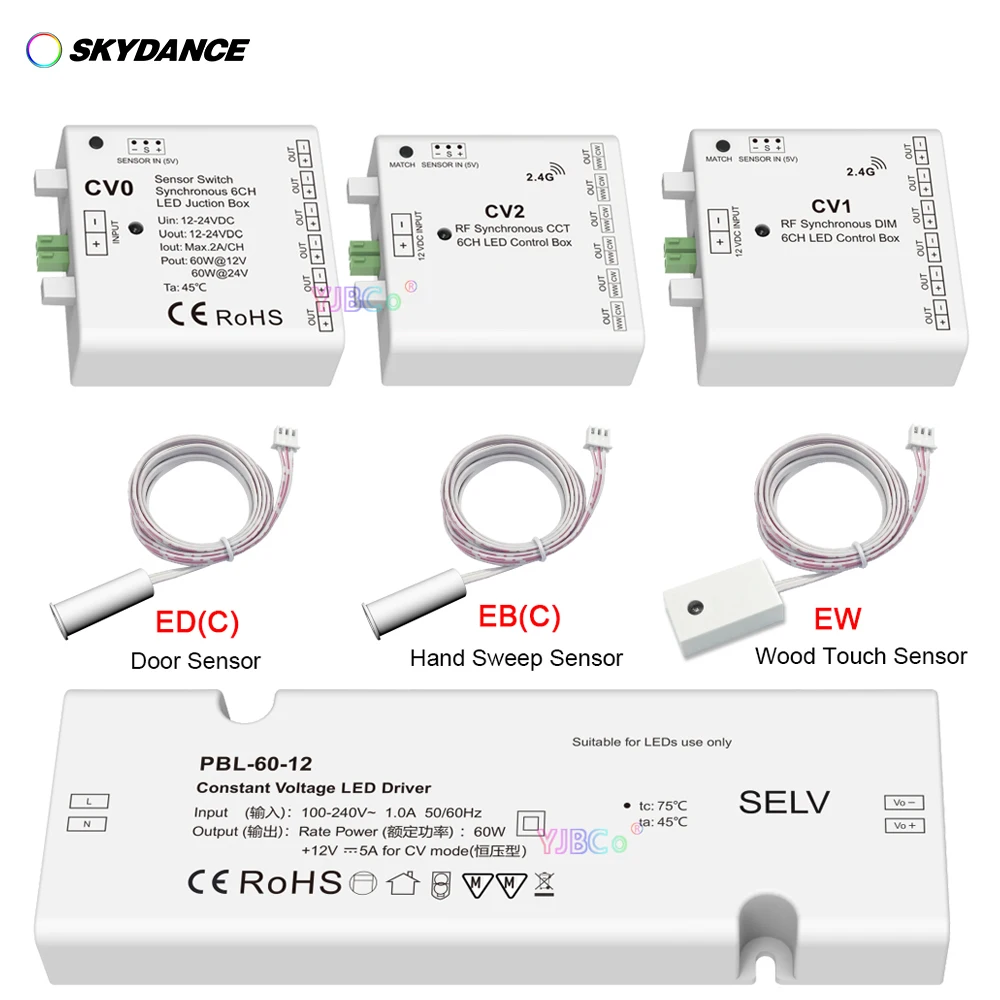 Skydance 60W 12V Ultra-thin Constant Voltage LED Driver Power Supply 6CH RF&Sensor Synchronous DIM/Single color/CCT Control Box