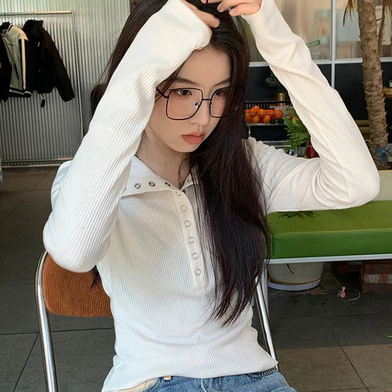 Fall Winter Long Sleeve Knit Pullovers Woman Y2K High Street Button Up Sweaters for Women Vintage Gray Ribbed Bottoming Tops 4