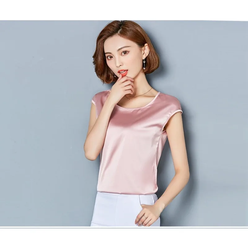 섹시한 실크 조끼 여성 민소매 탑 여름 솔리드 컬러 블라우스 셔츠 플러스 사이즈 S-4XL