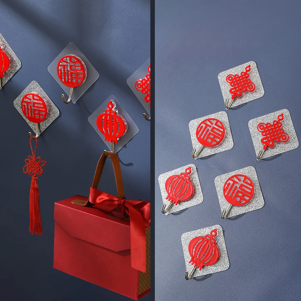 

Red Fu Word Sticky Hook Chinese Knot Hook Strong Load-bearing Viscose Wall Door Window Kitchen Bathroom Traceless Plastic Hook