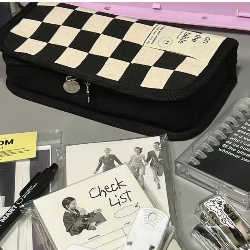 Ins Black and White Checkerboard Grid Large Capacity High Value Storage Pencil Bag Stationery Box 20cm pencil cases pen storage bag stationery box