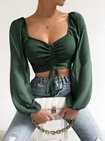 T-Shirt court à manches transparentes pour femmes, cordon de serrage sur le devant, col plongeant, manches longues, tricot côtelé, chemisier froncé, haut Sexy, tenue de printemps et d'été 3