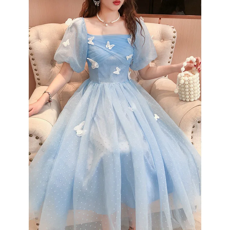 

Летнее женское маленькое платье, новое милое Сетчатое платье средней длины с рукавами-пузырями и высокой талией, бальное платье