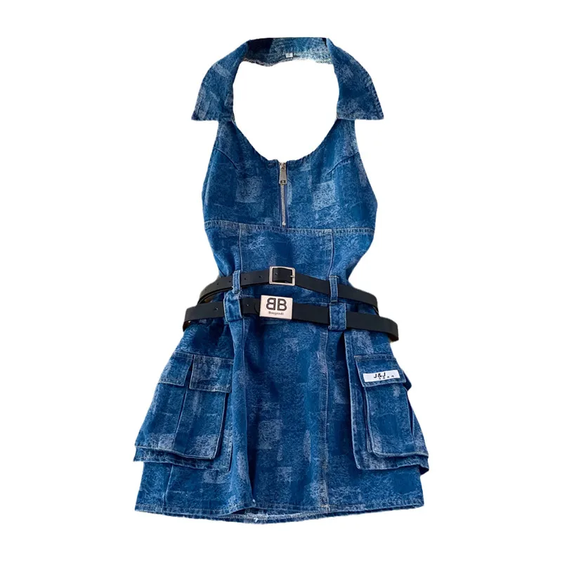 

Sexy Halter Neck Backless A-Line Denim Dress Women Summer Sleeveless Slim Short Dresses s364