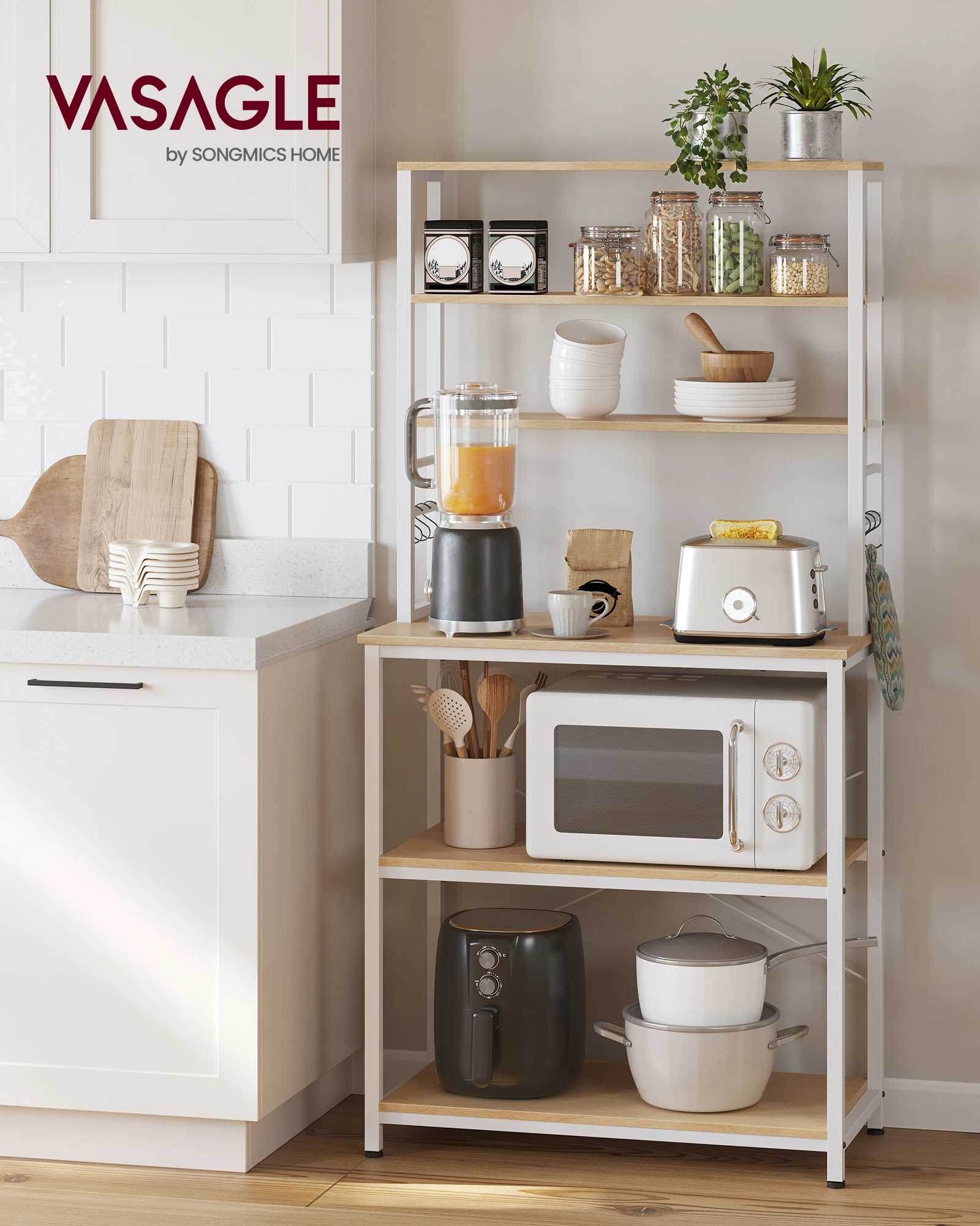 VASAGLE Baker's Rack, Microwave Oven Stand, Kitchen Tall Utility Storage Shelf, 6 Hooks And Metal Frame, Industrial 2
