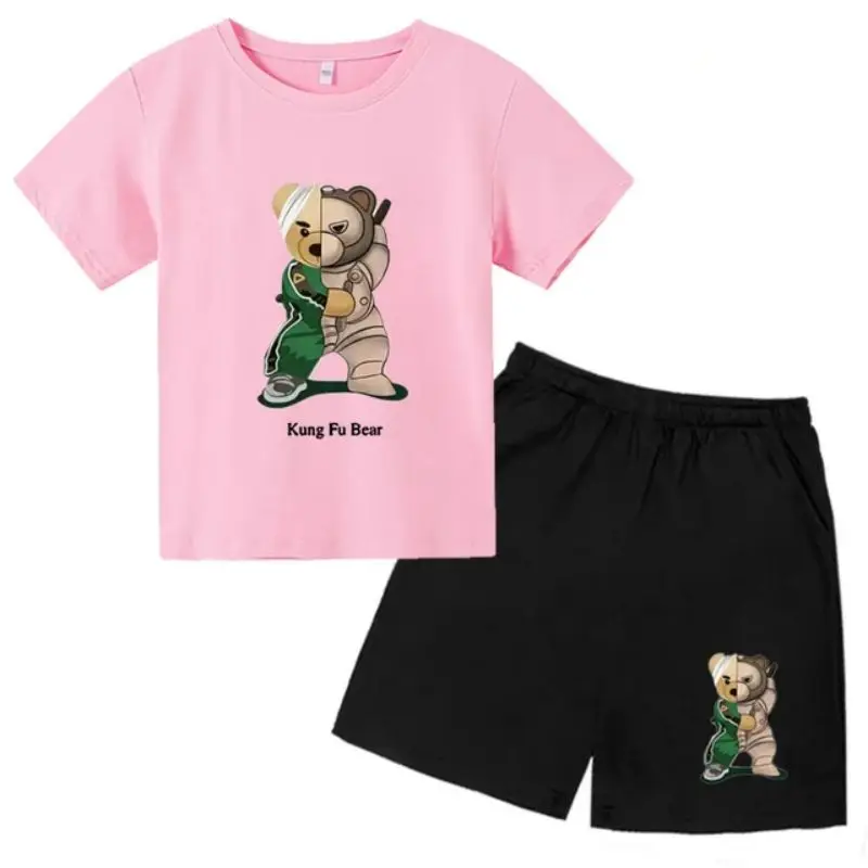 thumbnail image 1 of Conjunto de ropa para niños y adolescentes con estampado de oso de marca, camiseta de cuello redondo y traje corto de 2 piezas, informal, de verano, para niñas y bebés, 1 of 5