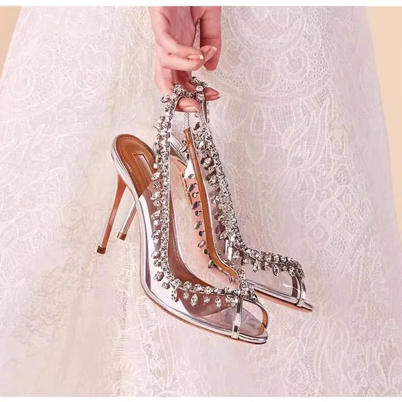 Women's Sandals 2024 Spring/Summer New Banquet High Heel Crystal Rhinestone Chain Open Toe Fish Mouth Shallow Mouth Shoes