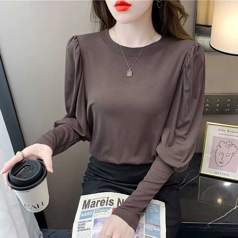 

Fashion O-Neck Solid Color Puff Sleeve T-Shirt Women's Clothing 2024 Spring New Loose All-match Pullovers Tops Casual Tee Shirt