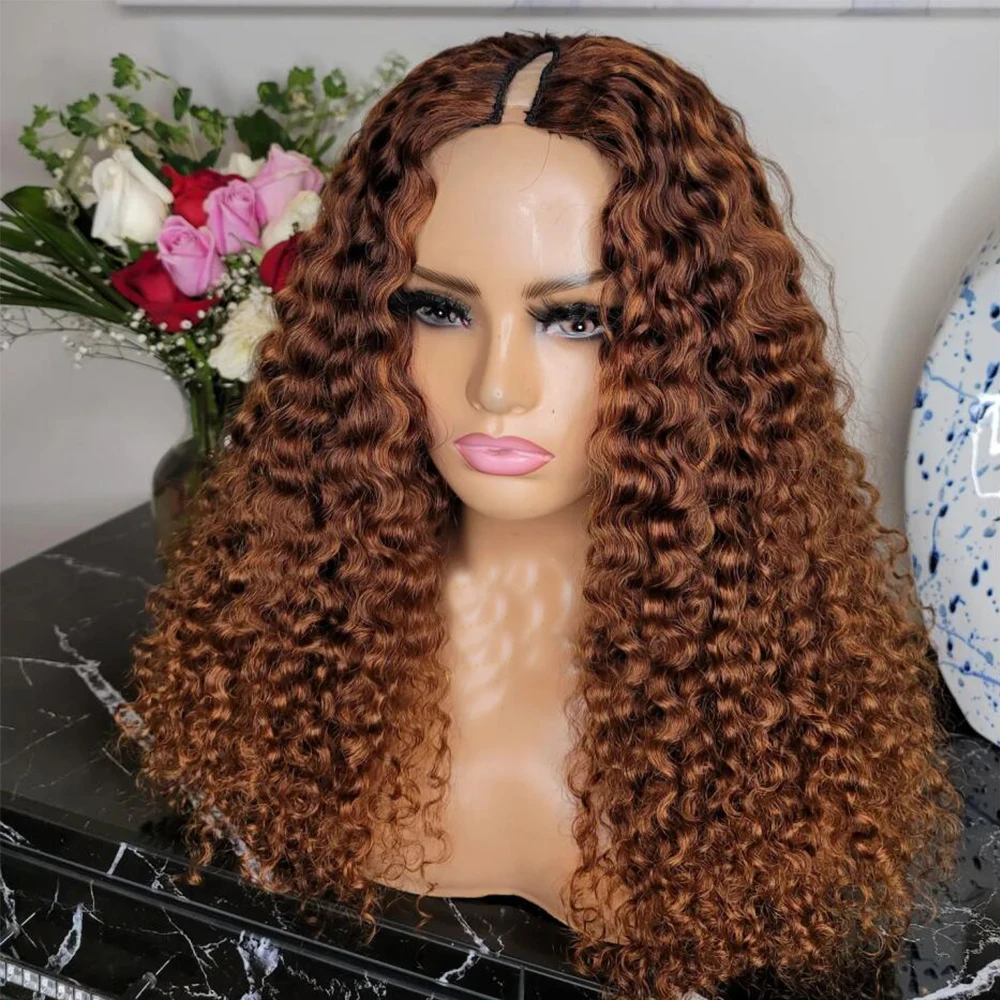 

High Density Kinky Curly Human Hair Vpart Wigs for Black Women Gold Brown Glueless 1X4 Middle V Part Wigs Full Ending U Part