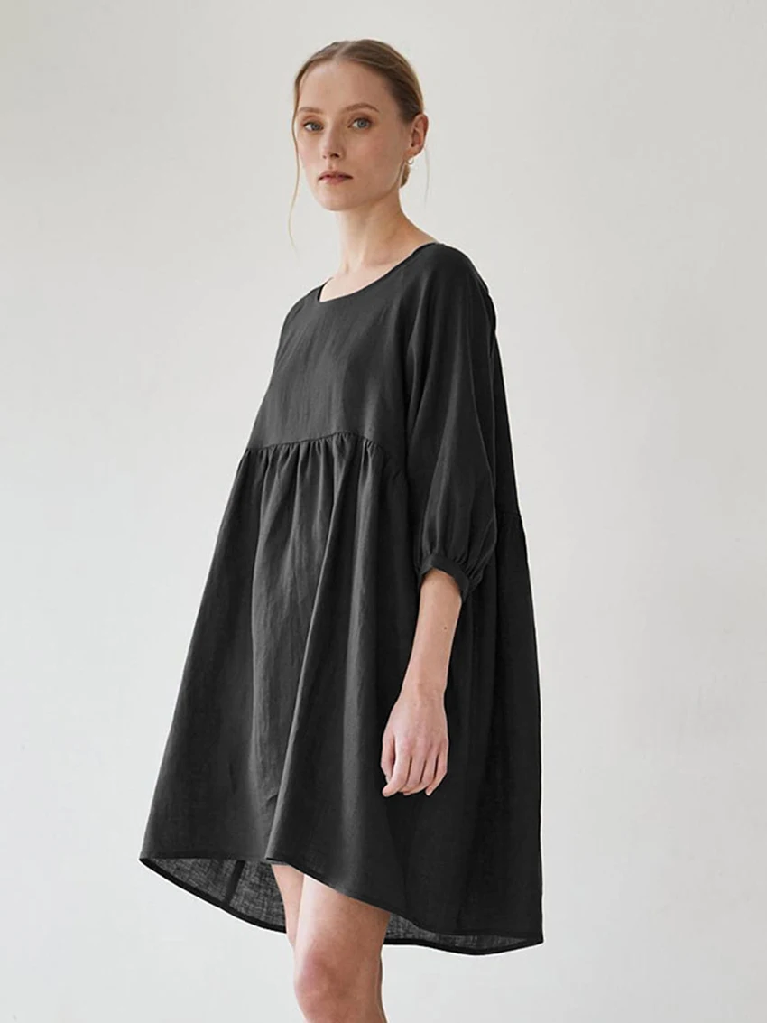 Marthaqiqi Causal Home Clothes For Women O-Neck Sleepwear Half Sleeve Nightgowns Loose Mini Dress Black Cotton Female Nightwear
