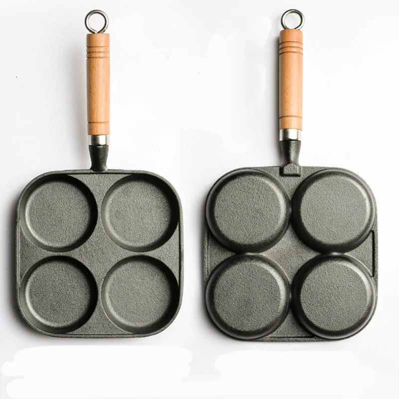Non-stick Frying Pan 4 cup Cast Iron Egg Pan Divided Baking Pan with Wooden Handle Omelette Pan for Eggs Steak and Burgers 6