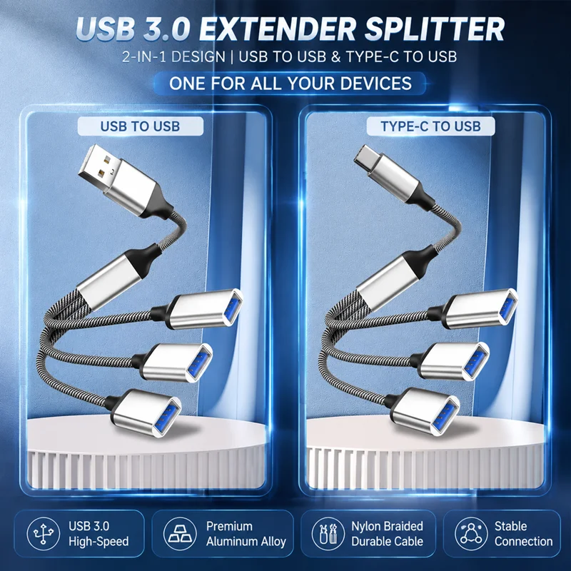High-Speed 3-Port USB-C Hub Extension with Data Transmission and OTG Adapter