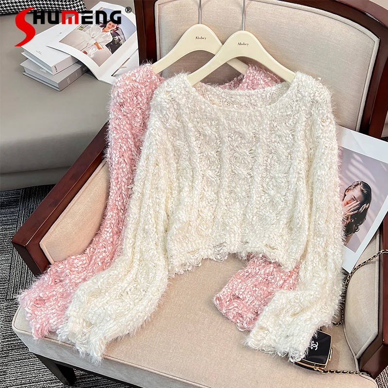 

Sweet Hot Girl Soft Glutinous Pink Sweater Autumn Clothes Simple Women's Loose Short Long Sleeve Round Neck Knitted Tops Mujer