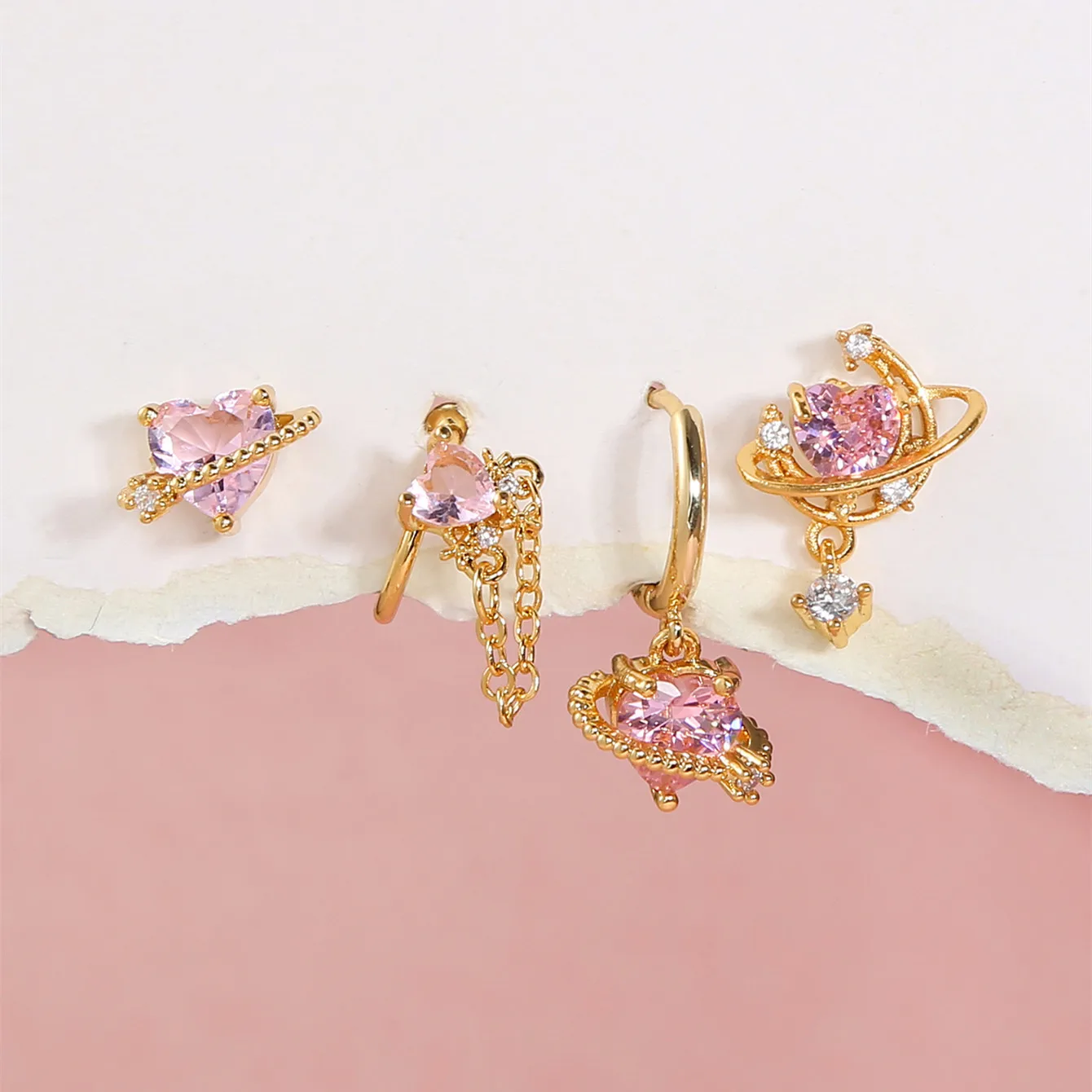 New ins Vintage Pink Heart Zircon Earring Gold-plated Exquisite Universe Moon Stud Earrings Set For Women Girls Fashion Jewelry 2