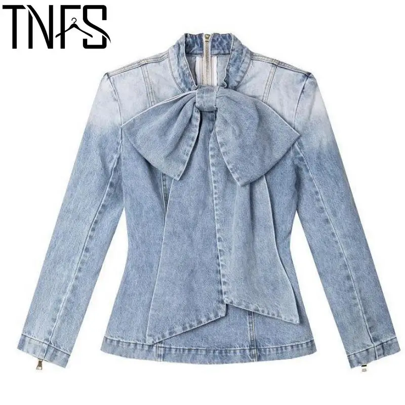 Yuerwang Women Blouse Denim blouse Long Sleeve Jean Blouses Retro Bow
