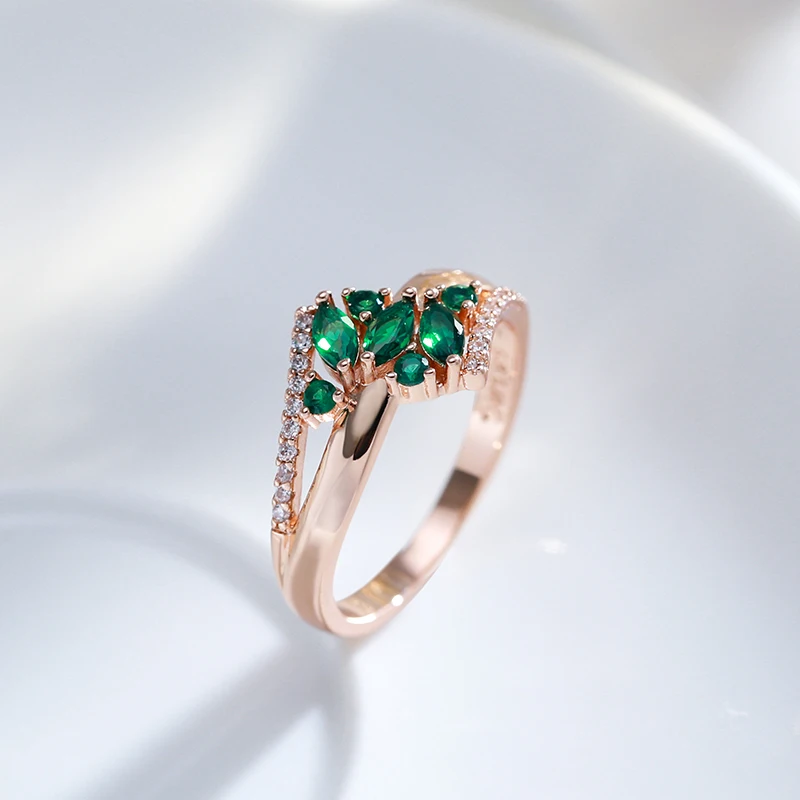 Kinel Luxury Green Natural Zircon Ring For Women 585 Rose Gold Color White Stone Daily Easy Matching Fine Jewelry Gift