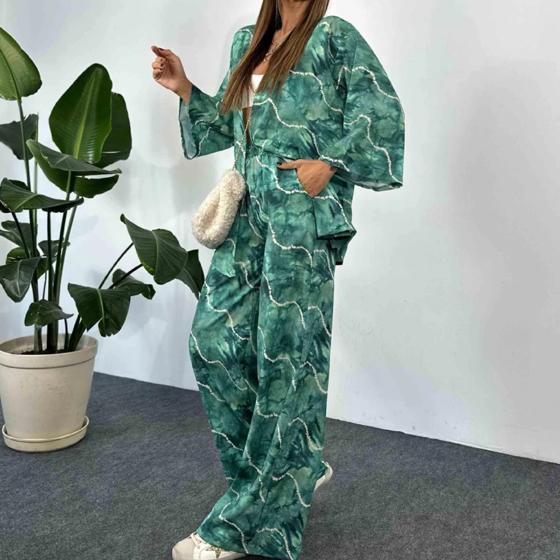

Fashion Wave Striped Print Women Outfits Spring V-neck Loose Top Cardigan & Wide Leg Pants Suit Autumn Long Sleeve Two Piece Set