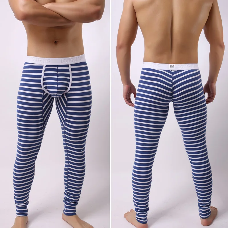Men's Thermal Underwear Bottoms Sexy Long Johns Warm Cotton Underwear Bulge Penis Pouch Low Rise Men Leggings Man Striped Lounge 2