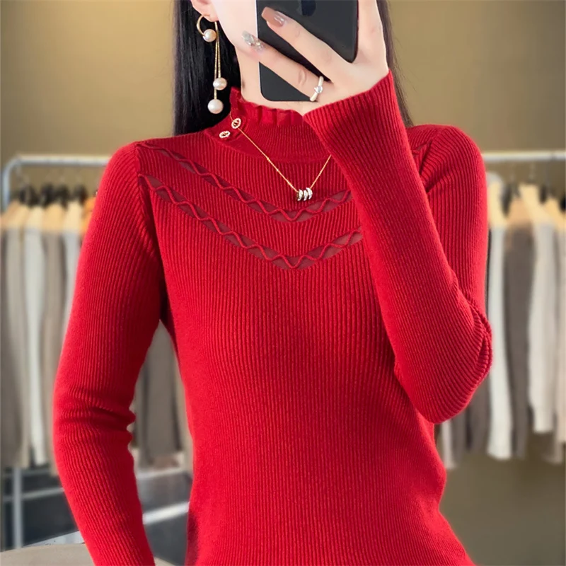 

Autumn And Winter New Woolen Sweater Women's Half High Neck Pullover Long Sleeve Lace Panel Solid Color Loose Warm Fashion Knit
