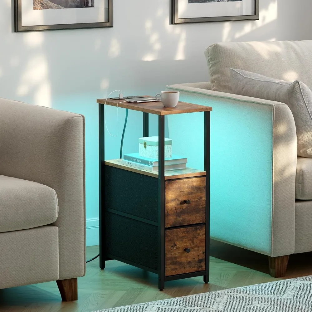 LED End Table with Charging Station, 2 Drawers, Outlets, Nightstand Set, Small Narrow Side Table for Couch, Living Room Furnitur