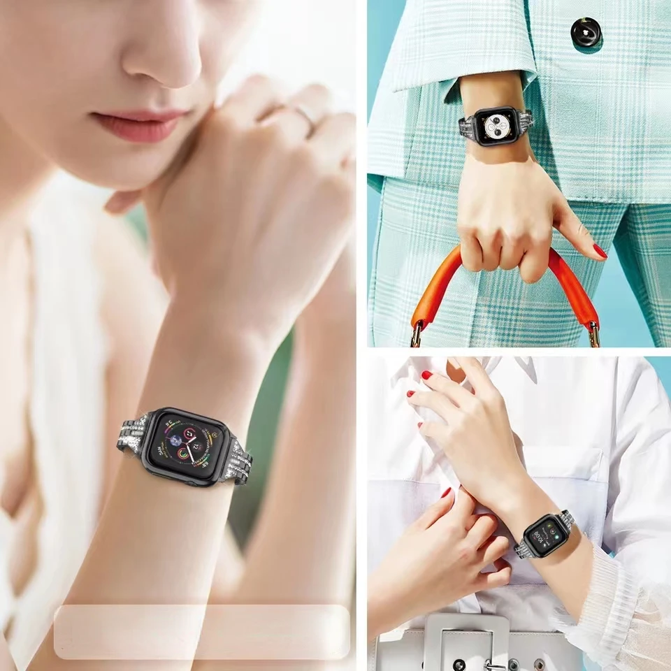 Metal Strap For Apple Watch Ultra 8 7 49mm 45mm 41mm 6 5 4 SE 44mm 40mm Stainless Steel Diamond Bracelet For iwatch 3 42mm 38mm