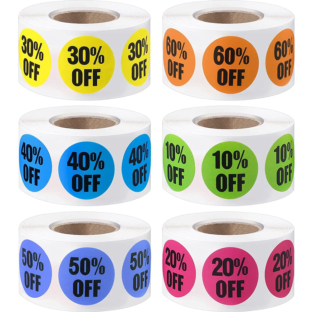 

500Pcs/Roll Product Discount Label Sticker 2.5cm/1inch Round Stickers for Clothing/Hat Small Business Supplies 10%/20%/50% OFF