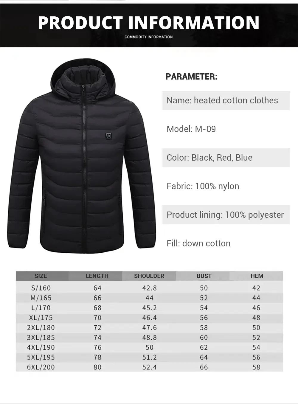 Description Picture 6 of item21 Areas Heated Cotton Clothes Jacket USB Heating Jacket Warm Snowfield Heated Vests Coat Hunting Hiking Camping Winter S-6XL
