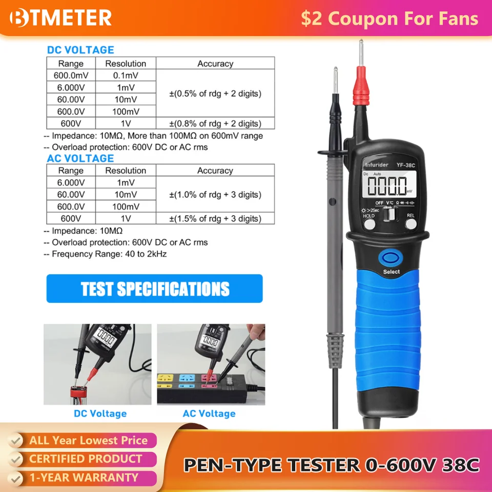 Multimetro Digitale A Penna BTMETER BT-38C - Tester Alta Tensione 600V, Con Retroilluminazione - Foto 12