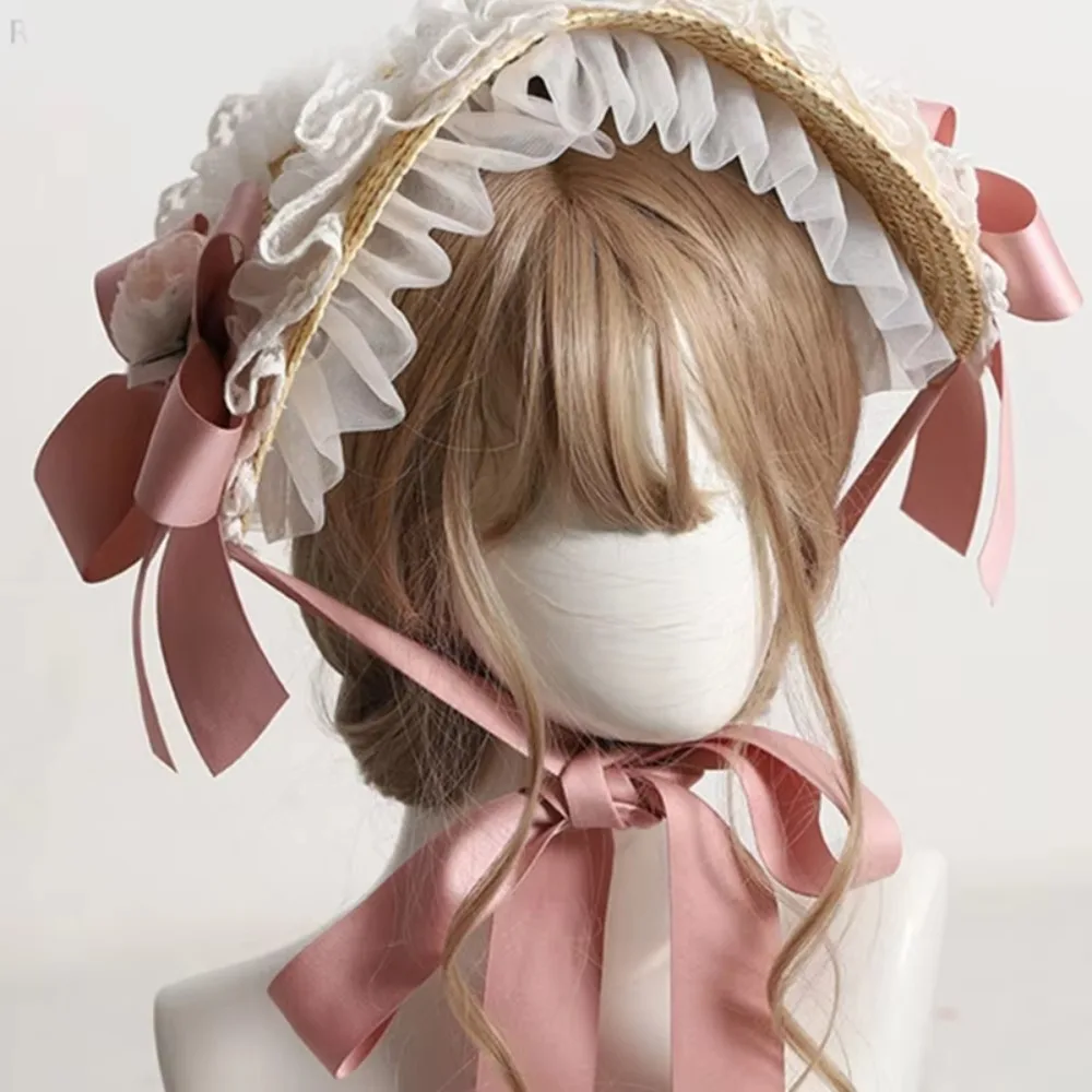 Französischer Landhausstil Lolita Strohhut mit Rüschen, Spitze, Schleife, Strandhut, Haarschmuck mit Riemen, Blumenmädchen-Sonnenhut – Detail 12