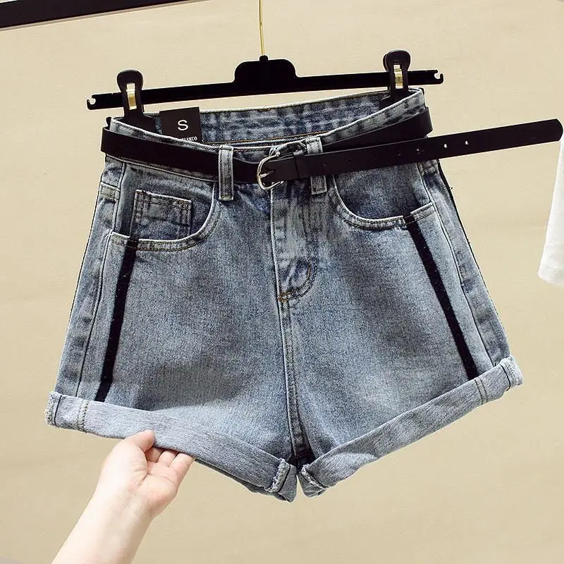 Women's 2024 Summer New Korean Loose Versatile Solid Color High Waist Button Patchwork Pocket Wide Leg Holes Casual Denim Shorts