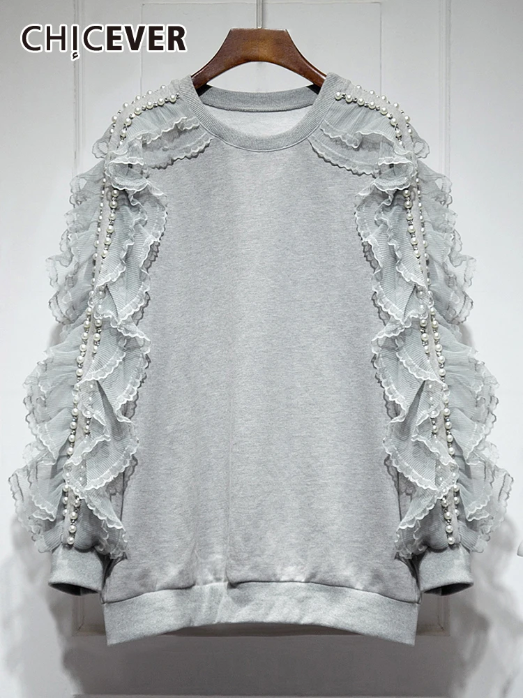 

CHICEVER Patchwork Embroidered Flares Sweatshirts For Women Round Neck Long Sleeves Spliced Ruffle Pullover Sweatershirt Female