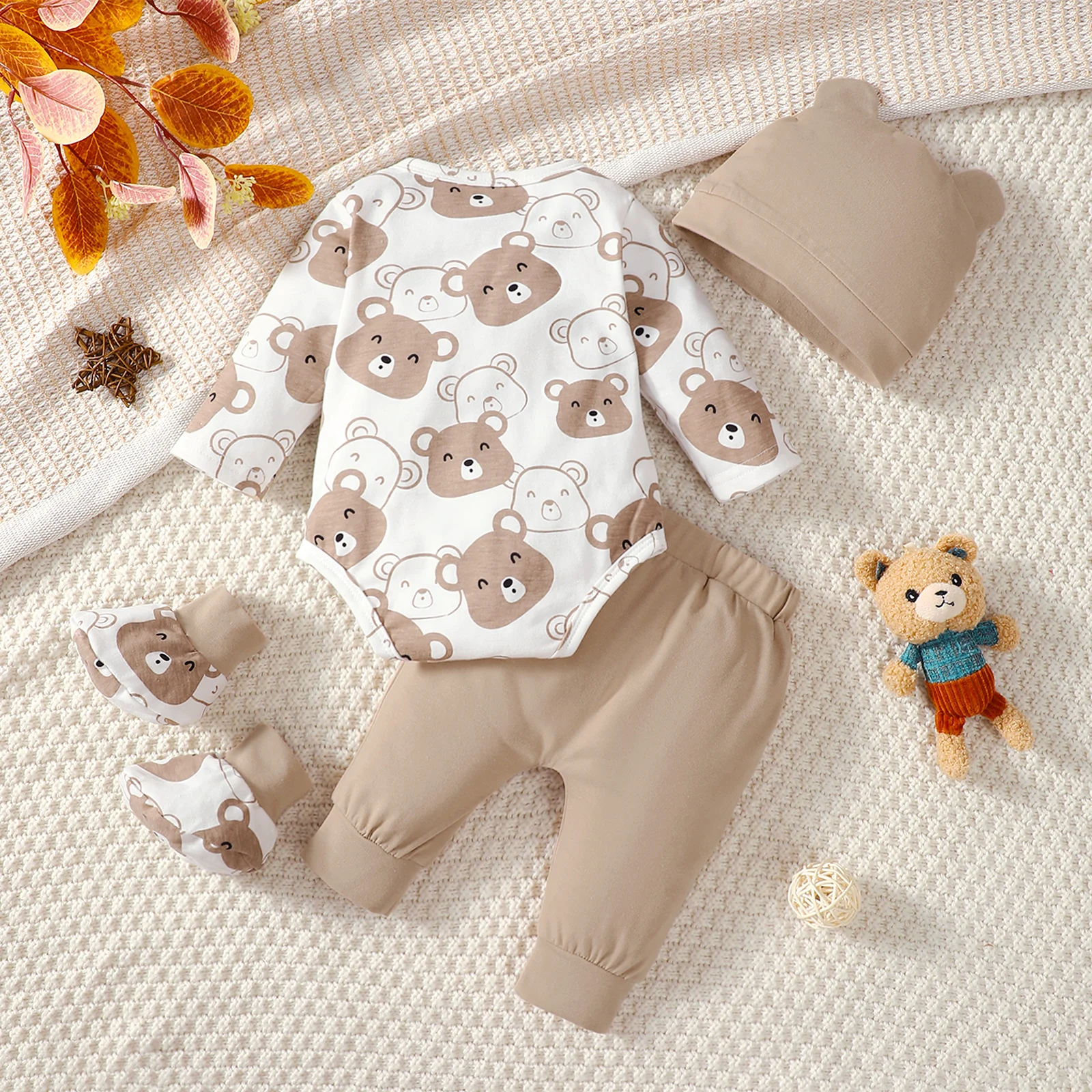 0–9 Months Baby Boy 4pcs Set – Little Bear Long Sleeve Bodysuit, Pants, Hat & Socks 2