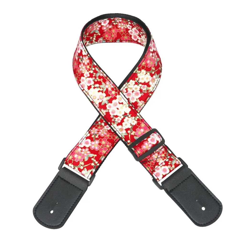 Vintage Gitarrengurt, bestickter Druck, roter Kranich, E-Gitarrengürtel, Kirschblüten-Schmetterling, Gitarren-Schultergürtel – Detail 10