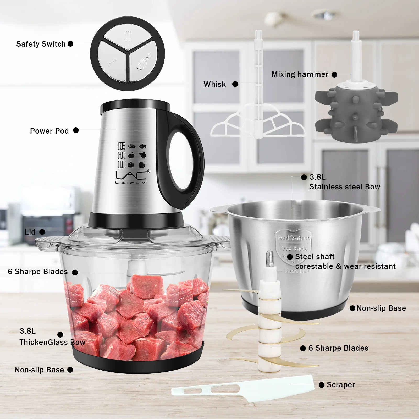 3.8L Electric Meat Grinder Kitchen Household Glass Stainless Steel Double Pot Two-In-One Large-Capacity  Food Processing Machine 3