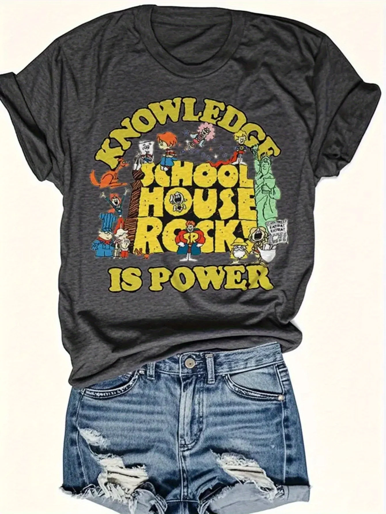 Schoolhouse Rock Knowledge Is Power Women's Tee, Retro Cartoon Dark Grey Top 1