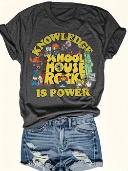 Schoolhouse Rock Knowledge Is Power Women's Tee, Retro Cartoon Dark Grey Top 1