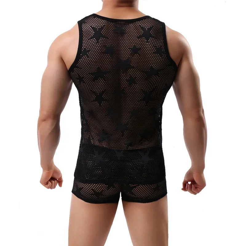 Men Clothes Set Undershirts Mesh See Through Men Tank Tops Hollow Out Underwear Panties Fitness Boxershorts Underpants Vest Tops