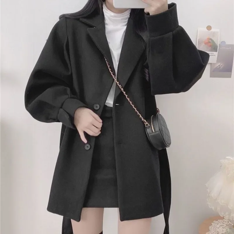 Deeptown Korean Style Wool Blend Coat Women Vintage Oversize Chic and Elegant Jacket Streetwear Autumn Winter New Outerwear Warm