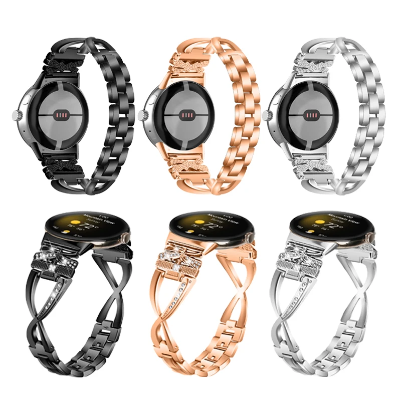 

For Google Pixel Watch Stainless Steel bands Butterfly X-Shape Watchband Diamond metal bracelet Correa for pixel watch 2 Straps