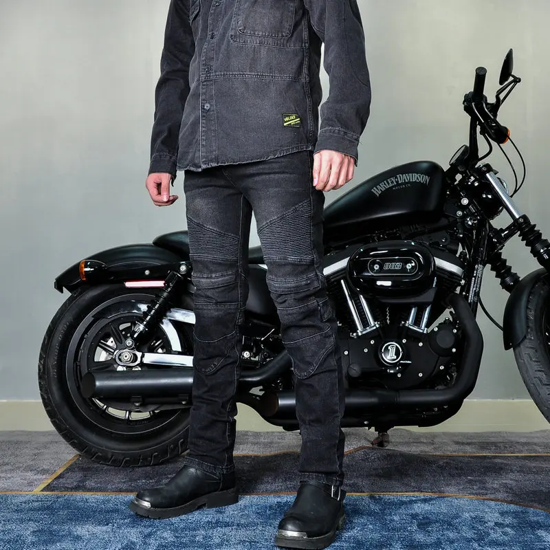 롱 바이커 유니섹스 빈티지 오토바이 청바지 (보호 장비 포함), 신축성 있는 낙상 방지 캐주얼 바이커 라이딩 팬츠