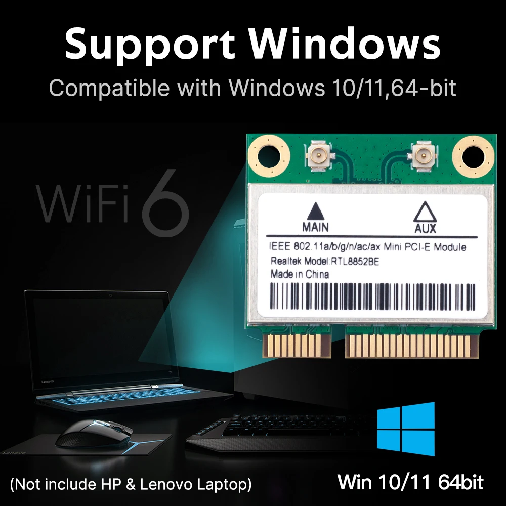 RTL8852BE WiFi 6 네트워크 카드 Windows 10 PCIe용 1800Mbps BT 5.2 듀얼 밴드 무선 MiniPCIe 802.11ax/ac 2.4G/5GHz MU-MIMO