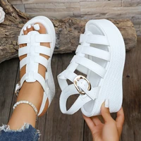 Femmes cheville boucle sandales à talons compensés été 2025 tendance plate-forme chaussures respirantes femmes rétro confortable antidérapant semelle souple sandales 4