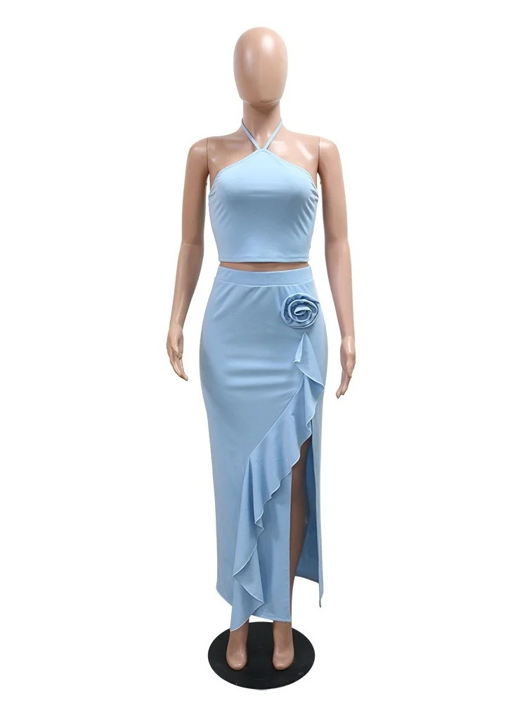 Wmstar 2 Pieces Set for Woman 2025 Wholesale Skirts Sets Sleeveless Solid Summer New Side Opening Ruffle Lace Up Drop Shopping