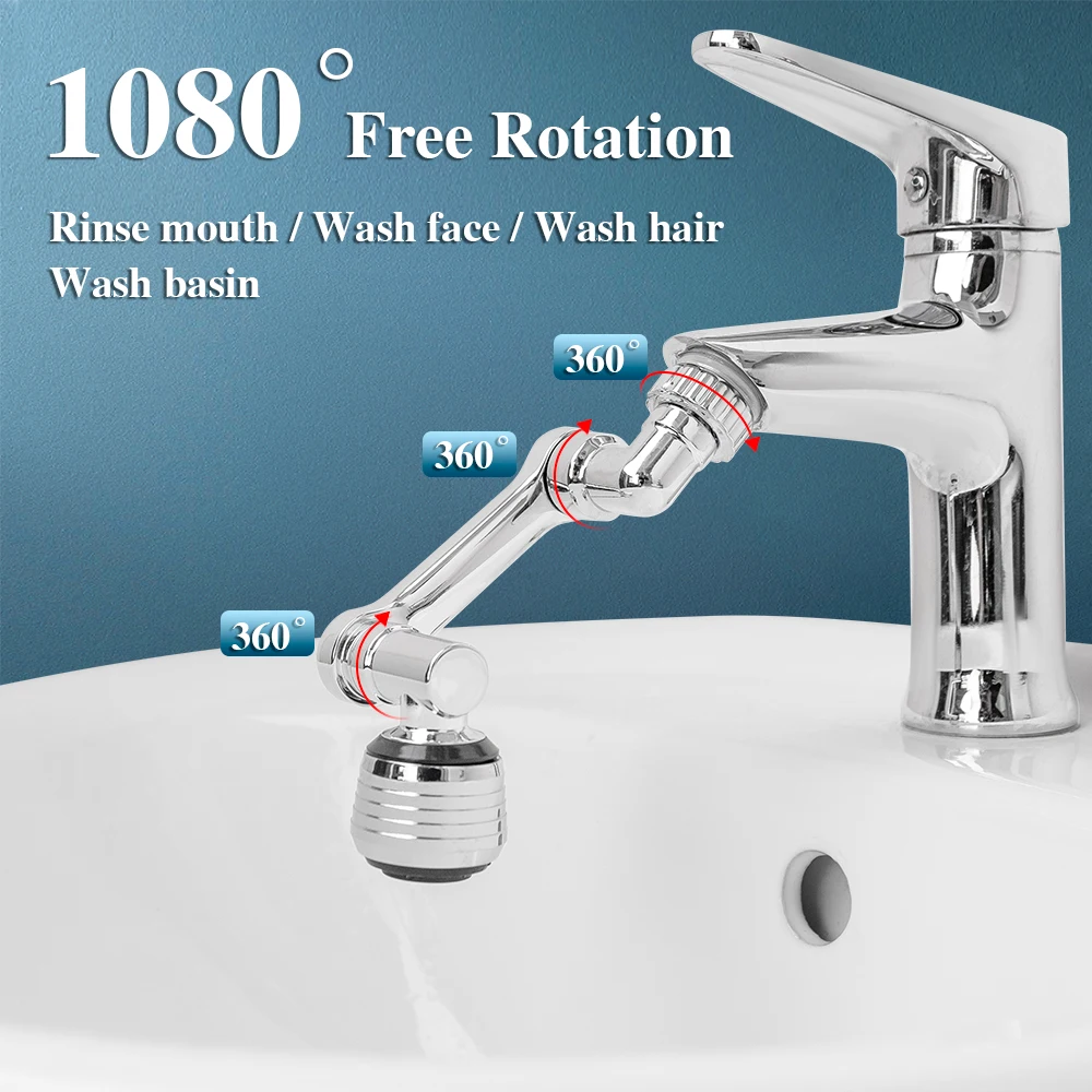 

Universal 1080 Degree Rotatable Faucet Aerator Extender Plastic Splash Filter Faucets Bubbler Nozzle Robotic Arm 2 Modes Faucet