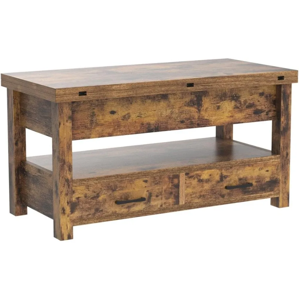 Coffee table lift top, multifunctional convertible coffee table with drawers and hidden compartments, rustic brown 5
